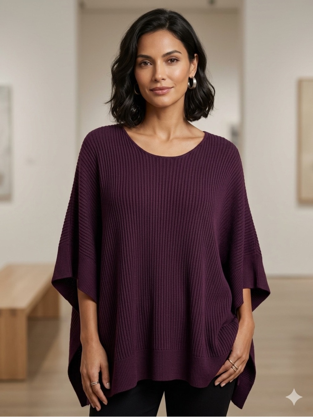 Loft poncho Oversized XS/S purple plum Rib-Knit costal grandma chic stretchy